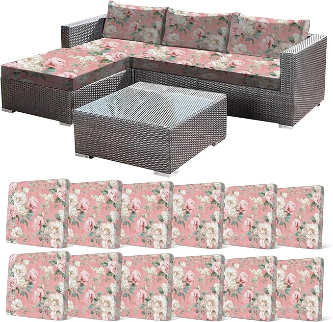 CALBODE 12 Pcs Stretch Outdoor Seat Cushion Covers, Washable Chair Seat Cover for Patio Furniture Cushions Soft Indoor and Outdoor Couch Cover Replacement (Pink Blooming, Cover Only)
