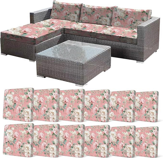 CALBODE 12 Pcs Stretch Outdoor Seat Cushion Covers, Washable Chair Seat Cover for Patio Furniture Cushions Soft Indoor and Outdoor Couch Cover Replacement (Pink Blooming, Cover Only)