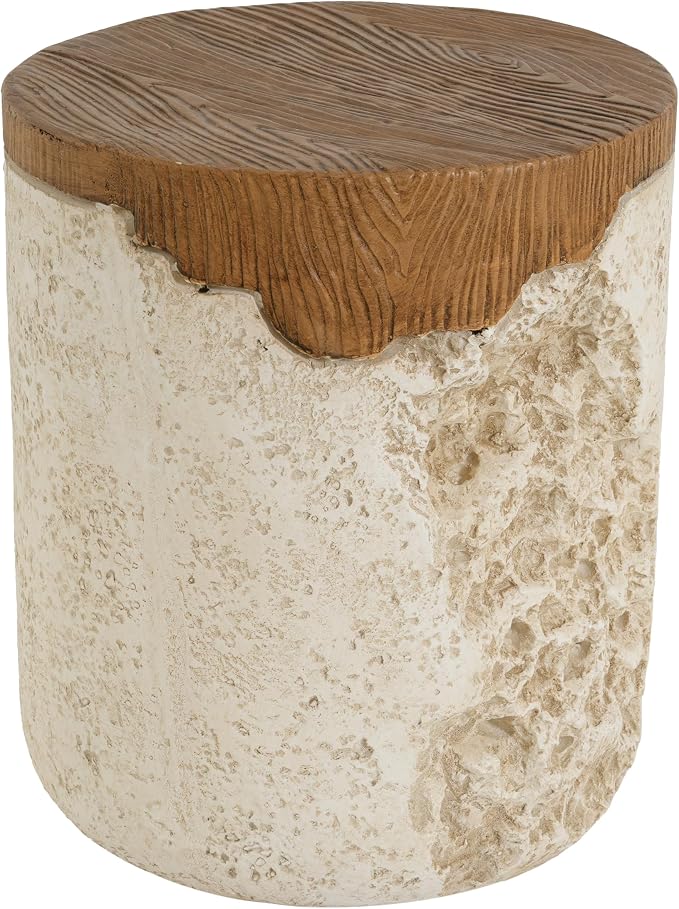Merax Outdoor Patio Side Table, Modern MGO Round Accent End Table with Beige Textured Base & Faux-Wood Grain Top, Sculptural Design, 19" Height Side Table for Poolish Garden Balcony
