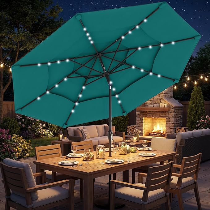 Outsunny 9.7 ft Outdoor Patio Umbrella with 32 Solar LED Lights, 3 Tier Outdoor Table Market Umbrella with Tilt and Crank, 8 Ribs for Garden, Deck, Yard, Poolside