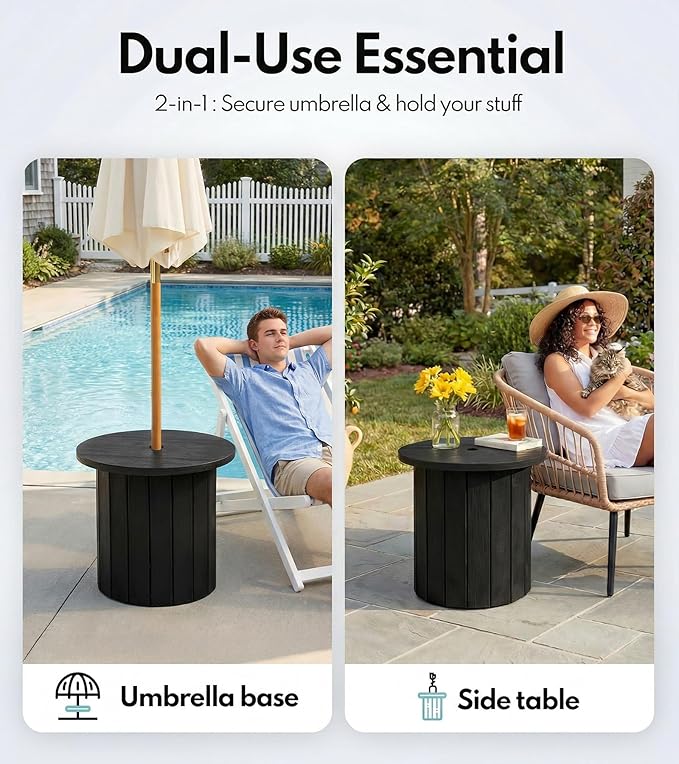 PASAMIC 2-in-1 Patio Table Umbrella & Outdoor Side Table, Large Round Small Outdoor Table with Umbrella Hole, Fits 1.5-1.9in Pole, 5Gal Water Bag Base, HDPE for Poolside, Deck, Garden Use, Black