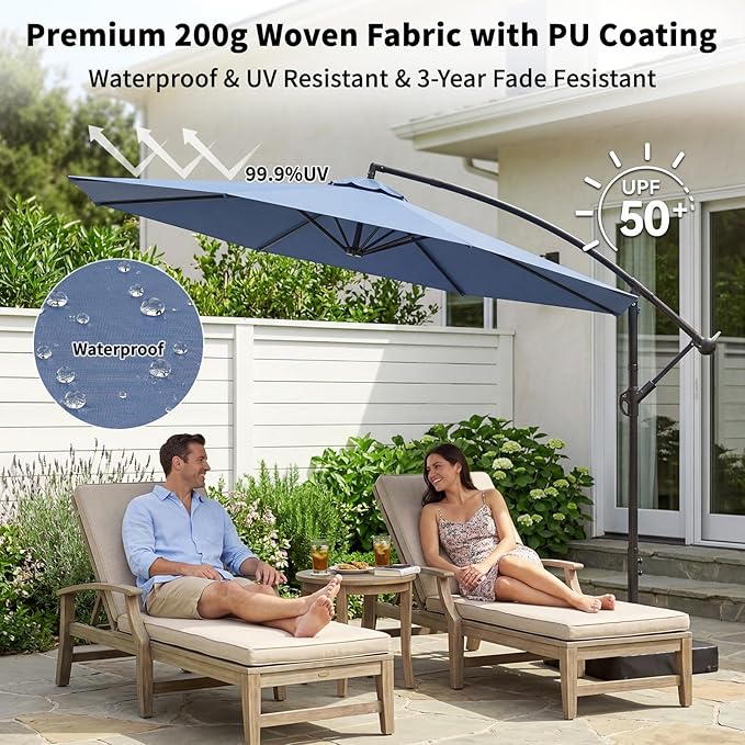 10ft Cantilever Offset Patio Umbrella with Base, Large Outdoor Patio Umbrella, 360° Rotation & Easy Tilt Adjustment, UV Protection Waterproof Patio Umbrellas for Backyard, Garden, Patio, Deck, Pool