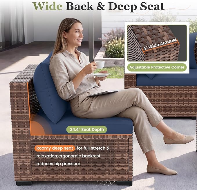 Amopatio 8 Pieces Patio Furniture Set with Fire Pit Table, All-Weather Outdoor Sectional, Wicker Conversation Sofa for Garden, Backyard, Porch, Balcony(Navy Blue)