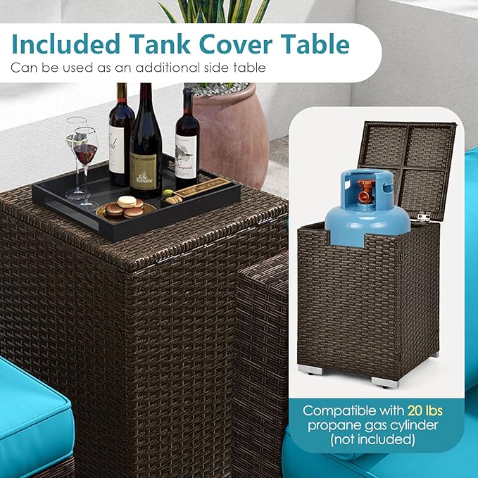 Tangkula 7 Pieces Outdoor Sectional Sofa Set Set with 32” Fire Pit Table and Propane Tank Cover, for Deck, Garden and Backyard, Fire Pit Protective Cover Included (Turquoise)