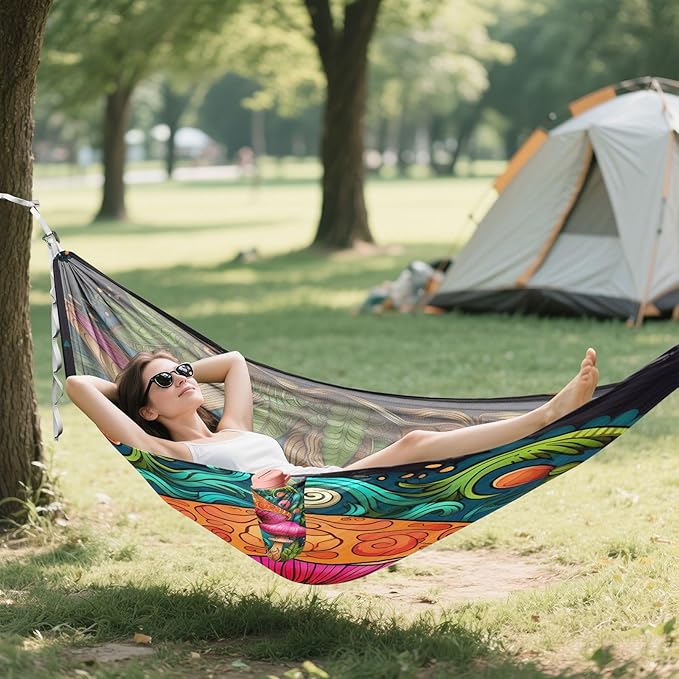 Camping Hammock Lightweight - 350lbs Portable Hammock with 2 Tree Straps and Attached Carry Bag,Great for Travel/Backpacking/Beach/Backyard - Single or Double - Cute Mushroom 1