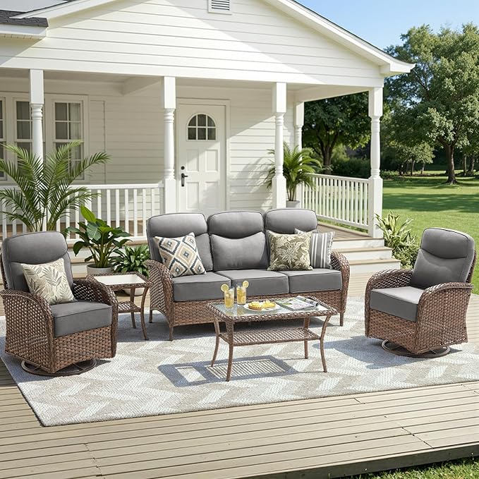 Luxury Outdoor Patio Furniture Set with 6-Inch Thick Cushions, 5 Pieces Wicker Outdoor Furniture with High Back Swivel Patio Chairs Set of 2, Outdoor Conversation Set for Deck Garden Porch, Gray