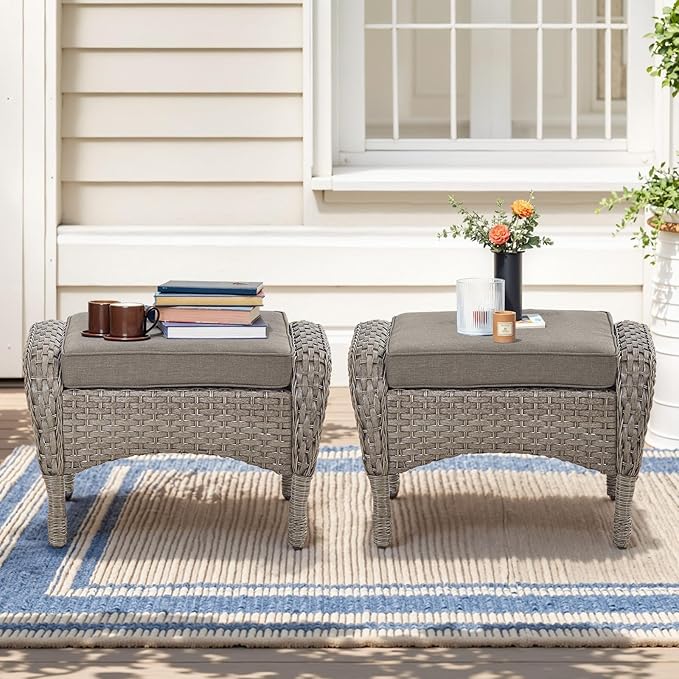 Belord Outdoor Ottomans for Patio Foot Rest - 25 Inch PE Wicker Foot Stool Set of 2 with Removable Cushions for Patio Furniture Sets,All Weather Rattan Ottoman for Balcony Deck Gray/Gray