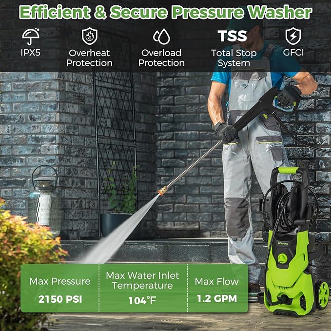 Goplus Electric Pressure Washer, 2150PSI 1.2GPM Power Washer with 4 Quick Connect Nozzles, Foam Cannon, 35.5 FT Cord & 17.5 FT Hose, Portable High Pressure Cleaning Machine for Car Fence