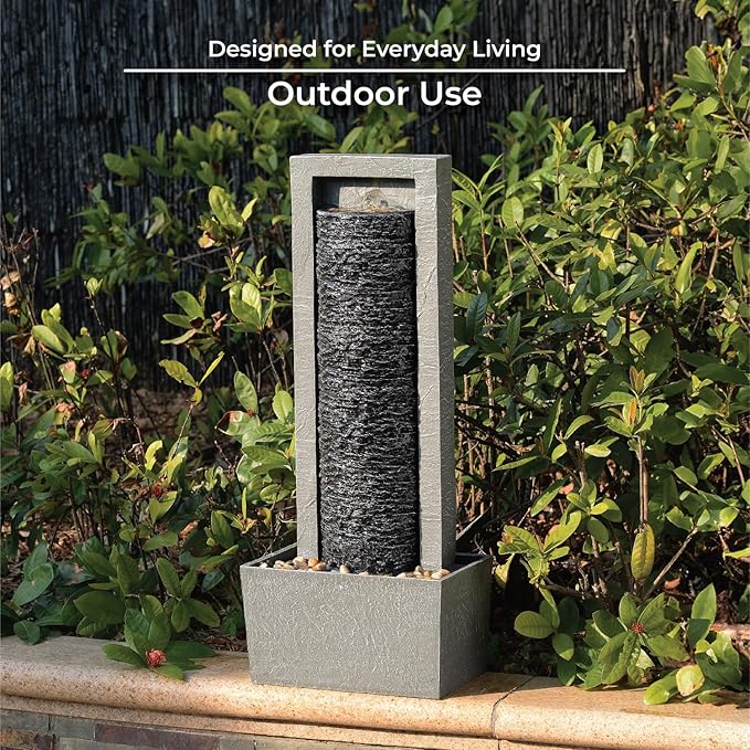 Teamson Home Framed Layered Rock Design Outdoor Water Fountain–Warm Glow Lighting with Steady Flow & Electric Pump, Dark Gray