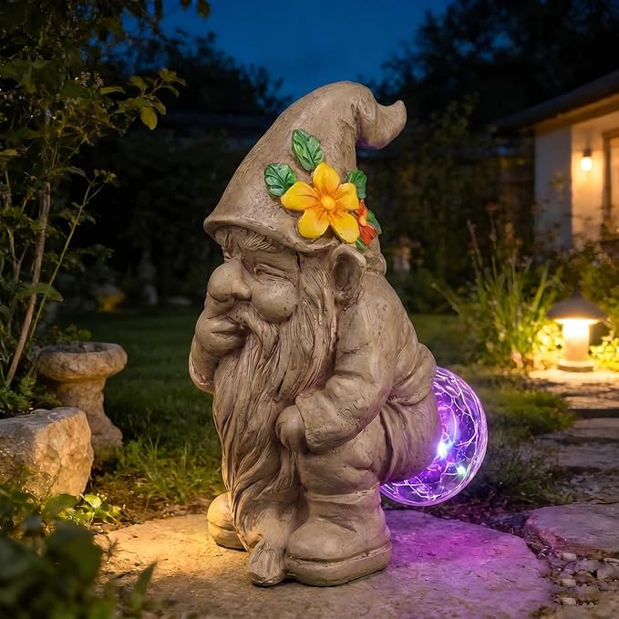 Funny Garden Gnomes Outdoor, Quirky Gnome Statue with Solar Powered for Yard Patio Lawn, Unique Gnomes Gift for Friends Garden Lovers