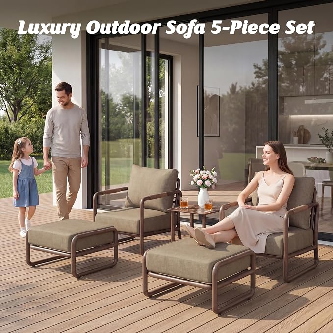 Outdoor Aluminum Patio Furniture Set with with 6.5" Thick Cushions,3-Piece Outdoor Sectional Conversation Set with 2 Ottomans, All-Weather Patio Set for Backyard & Deck，Brown