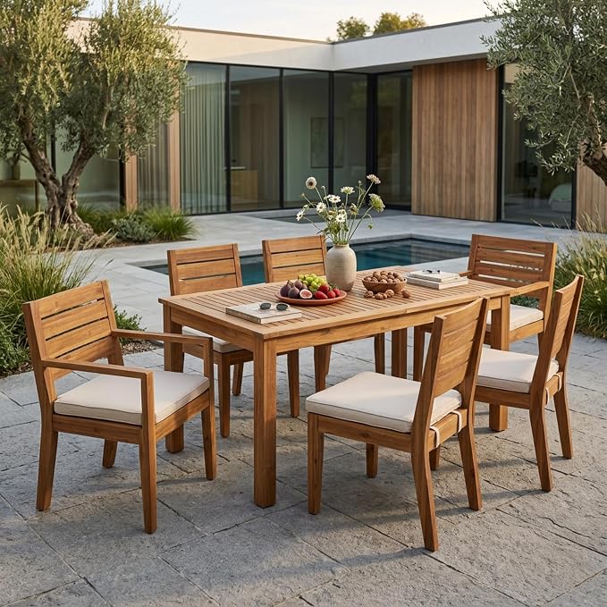 Merax Outdoor Rectangular Dining Table Set for 6, Acacia Wood 63"-78.75" Expandable Table with 2" Umbrella Hole + 2 Armchairs + 4 Armless Chairs, with Water-Resistant Cushions, Natural + Beige