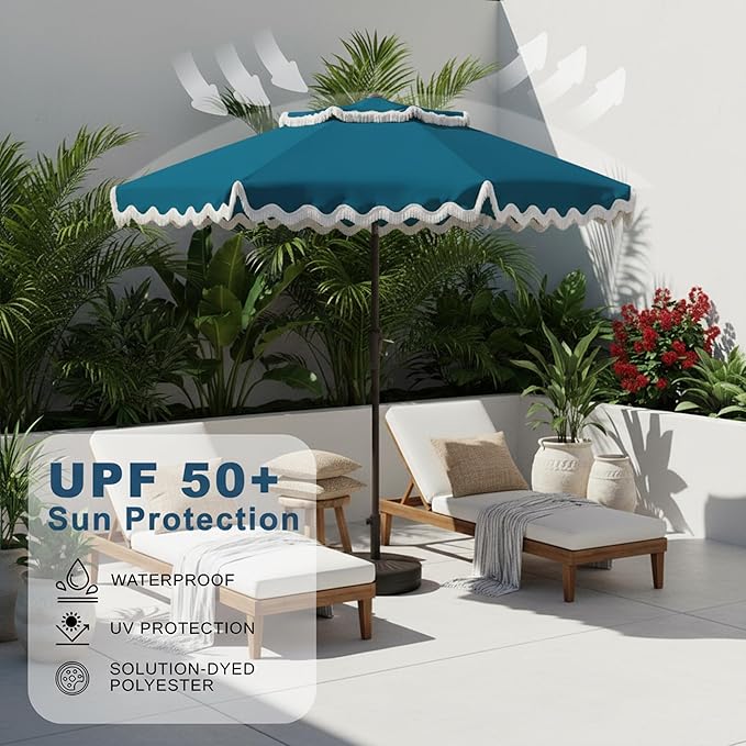 9FT Patio Umbrella with Fringe,Tassel Umbrella with Push-Button Tilt | UPF 50+ & Rust-Resistant Fiberglass Frame for Patio, Pool,Garden,Yard(Lake Blue)