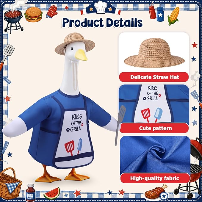BBQ Porch Goose Outfits, 23 Inch Porch Goose Summer Outfit, Funny Duck Clothes with Straw Hat, Apron & Spatula -Goose Clothes for Cement Goose Outdoor Garden Yard Decor