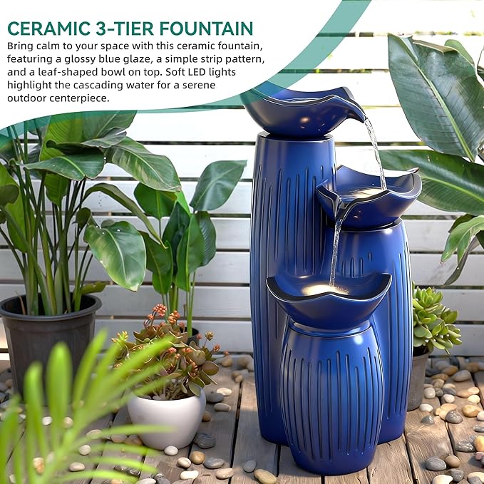 30" H Ceramic Outdoor Water Fountain with LED Lights, 3-Tier Cascading Lotus Bowls Water Feature, Tranquil Waterfall for Relaxing Garden, Patio, Yard, Cobalt Blue, Vertical Striped Texture