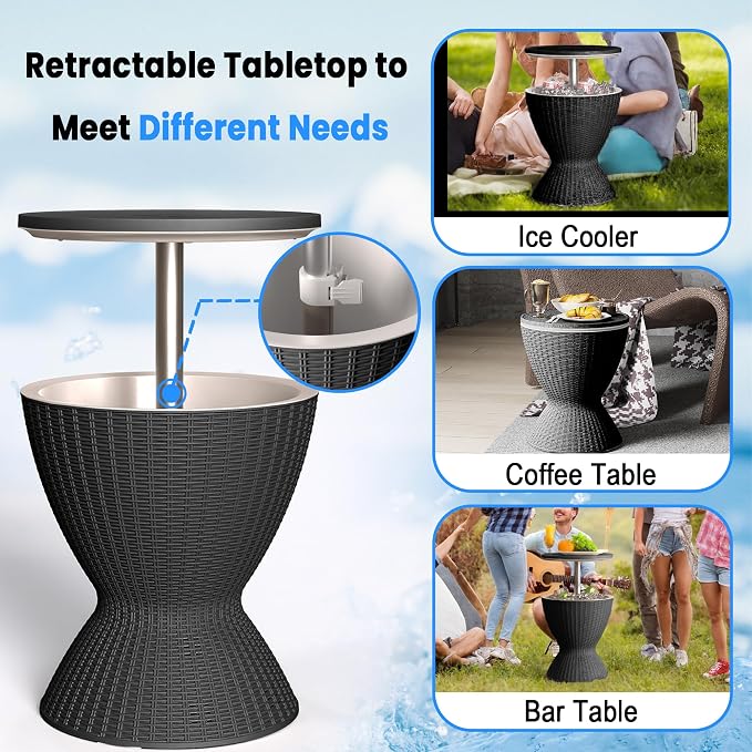 3-in-1 Outdoor Cocktail Table w/Built-in 8Gal Wine Cooler & All-Weather Ice Bucket - Adjustable Patio Bar Height Cooler Table for Poolside, Backyard, Outdoor Bar, Party & Picnic