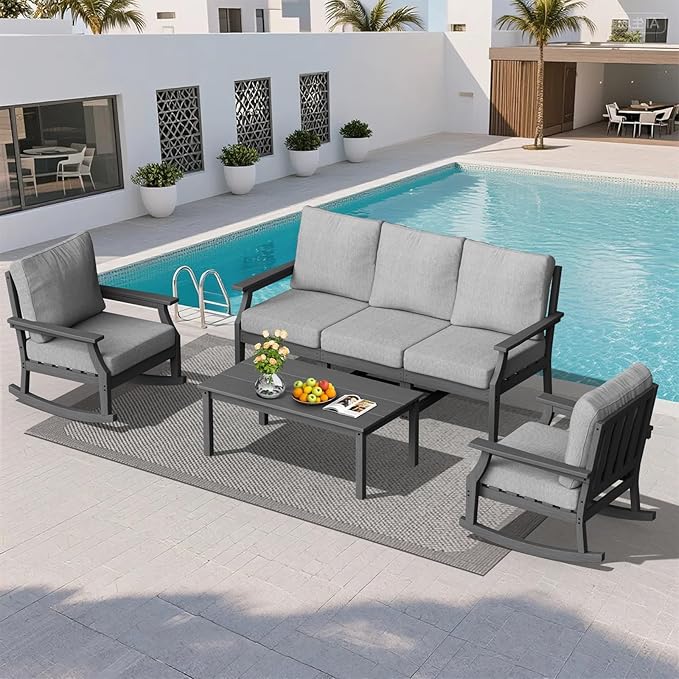 HDPE Patio Conversation Set, 6-Piece All Weather Outdoor Furniture Set with 2 Single Rocking Armchairs for Deck, Lawn, with Cushion, Gray