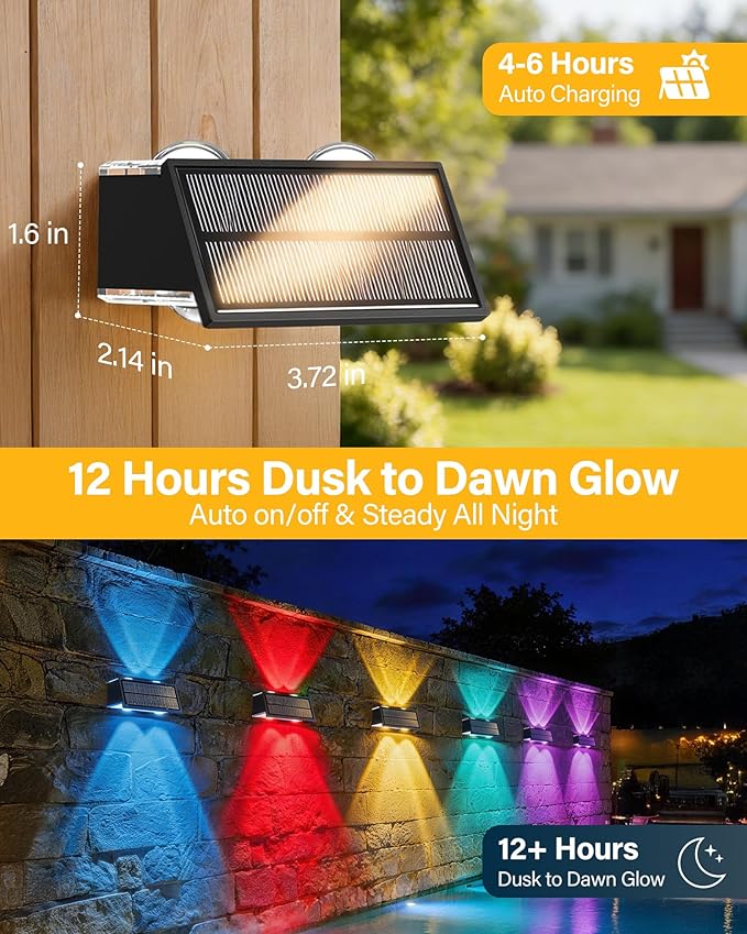 Solar Fence Lights Outdoor, 100LM Fence Lights Solar Powered Waterproof, 9 Color Modes, Up & Down LED Focused Beam, 12H Dusk to Dawn Glow for Pool/Patio/Wall/Backyard - 6 Pack, Black