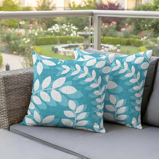 Teal Cyan Leaves Outdoor Waterproof Throw Pillow Covers 26x26 Set of 2, Farmhouse Botanical Branch Vintage Boho Leaf Decorative Pillowcases Cushion Pillowcase for Couch Sofa Patio Pillow Protector