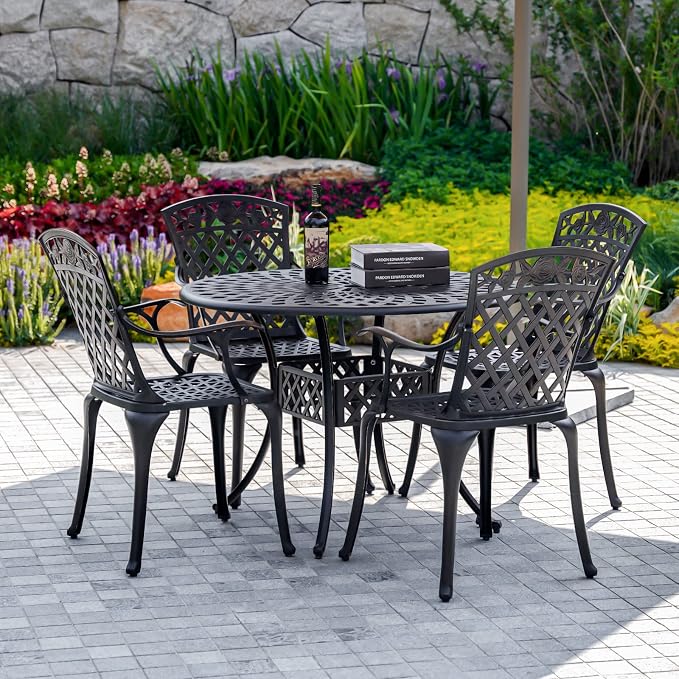 5 Pieces Outdoor Patio Dining Set, Cast Aluminium Patio Furniture Set with 4 Chairs Round Table, Anti Rust Outdoor Dining Set with 1.97" Umbrella Hole for Garden, Porch and Poolside, Bronze