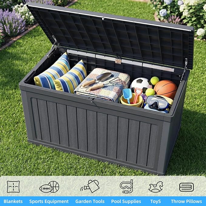 270 Gallon Deck Box, Resin Outdoor Indoor Waterproof Storage Box, Lockable Storage Box With Handle for Patio Furnitures - Garden Tools - Swimming Pool Tools UV - Resistant (Black)