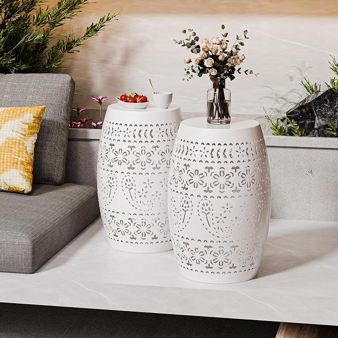 Iron Side Table for Outdoor Porch - White Cute Round Hollow Drum End Tables - Small Decorative Round Accent Table for Balconies or Patios
