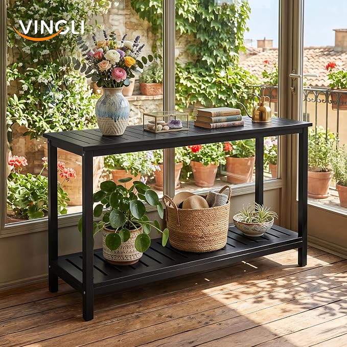 VINGLI 49in 49.21" Solid Wood Outdoor Console Table, 2-Tier Patio Buffet Bar Table, Multi-Functional Storage Sideboard for Garden, Porch, Balcony (Black)