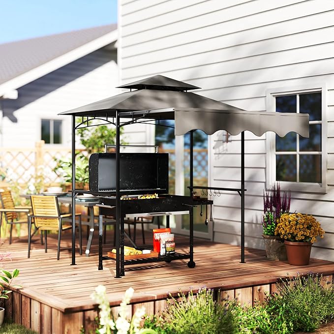 Outsunny 8' x 7.6' Grill Gazebo, Double Tiered Outdoor BBQ Gazebo with Side Awning, 2 Side Shelves and 6 Hooks for Patio, Deck, Yard, Dark Gray