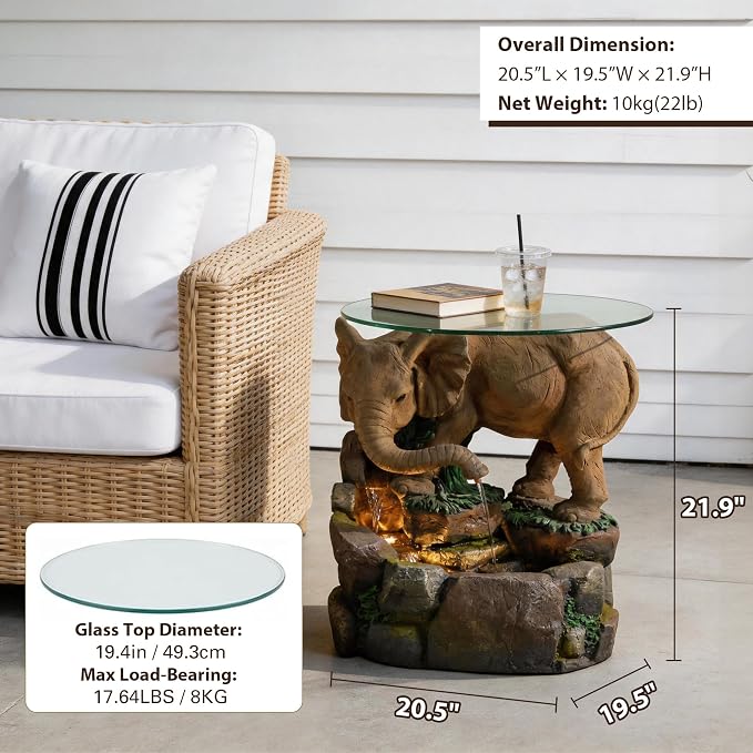Elephant Side Table with Glass Top & Waterfall Base Patio End Table with Animal Fountain Feature 21.9" Tall Warm White LED Weatherproof Resin for Garden Living Room Home Office