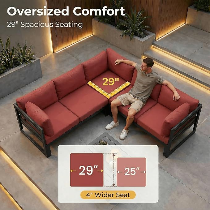 NICESOUL 6 Person Oversized Modular Aluminum Outdoor Furniture Set with Fire Pit Table, 29" Deep Wide Sectional Seating, 500 lbs High Weight Capacity Patio Conversation Set for Garden Deck, Burgundy