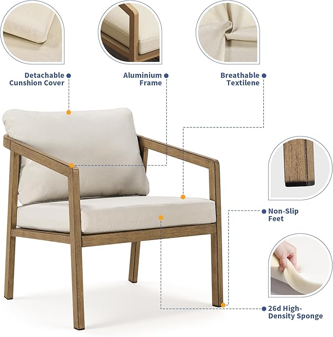 Patio Conversation Sets Outdoor Armchair, 2 Piece Aluminum Patio Sofa Chairs with Washable Thick Cushions, Modern All-Weather Patio Furniture Sets for Garden, Backyard, Porch (Brown+Beige)