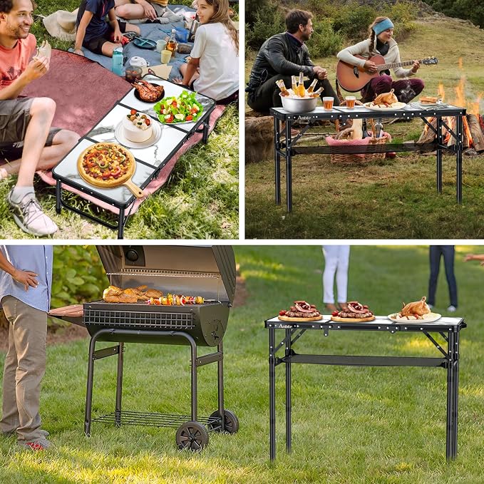 Anbte Folding Camping Table, Aluminum Small Folding Table 3 Adjustable Height Max 27.5", Portable Table with Carry Handle, Lightweight, for Outdoor Indoor Travel Camping Picnic BBQ, 34.6" x 15.7"