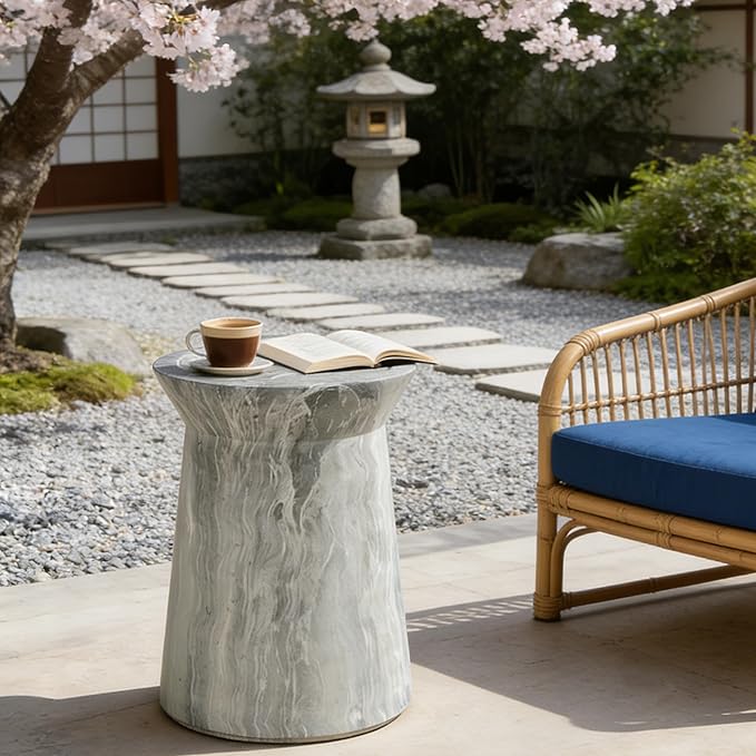 Outdoor Side Table Round Concrete Side Table Faux Stone End Tables Cement Accent Tables Patio Garden Stool Plant Stand for Porch, Backyard Balcony,12.8",Grey