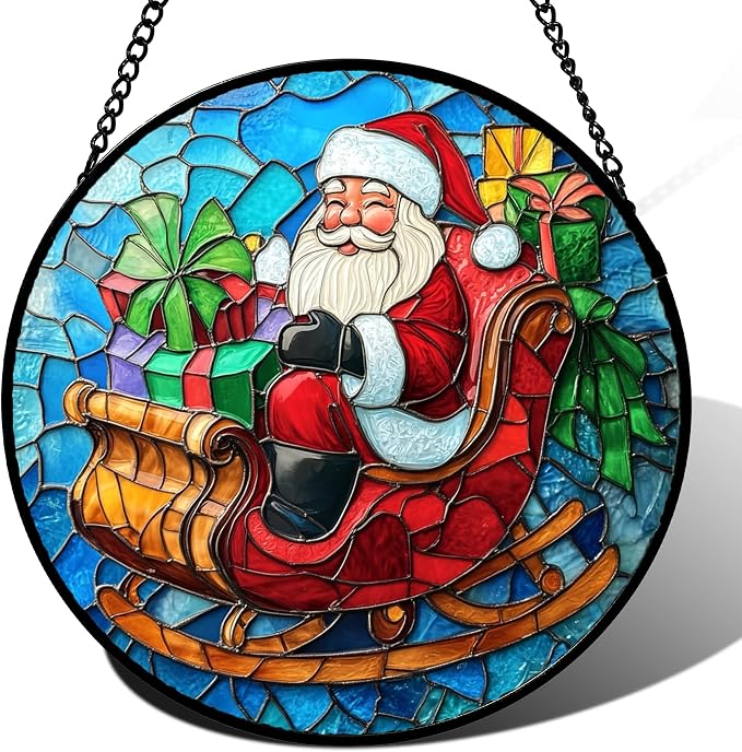 DASTOLL Stained Glass Window Hanging - Red Santa Claus Gift Box Suncatcher for Doors Home Christmas Decoration Winter Sun Catcher Thanksgiving New Year Birthday Gift for Women Men Mom Nana 15 in