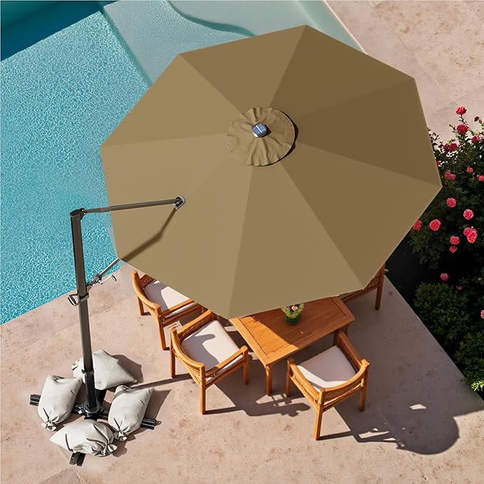 Devoko 10ft Solar LED Patio Umbrella, Round Cantilever Outdoor Umbrella with Solar Lights and 360-Degree Rotation, Large Hanging Offset Market Umbrella with Easy Tilt for Patio Deck Garden,Brown