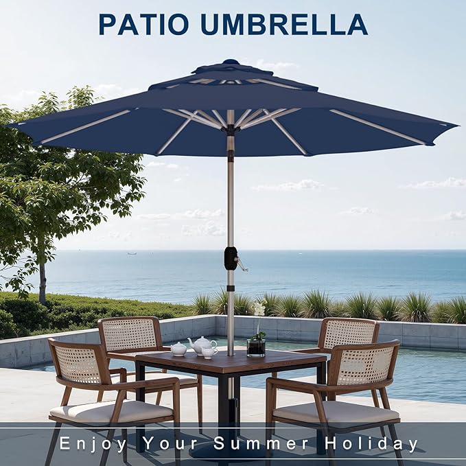 10FT 3-Tier Aluminum Outdoor Patio Umbrella, Fade-Resistant Market Umbrella with Push Button Tilt Function, 8 Sturdy All-Aluminum Ribs for Gardens, Patios, Backyards & Pools