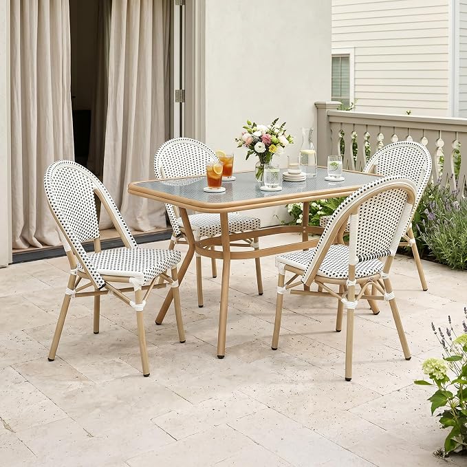 PURPLE LEAF 5-Piece French Bistro Dining Set Rectangle Outdoor Patio Table and 4 Armless Chairs Tempered Glass Top PE Rattan Champagne Print Finish Aluminum Frame White