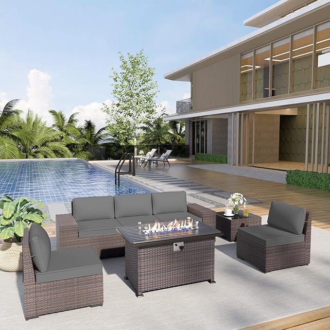 Patio Furniture Sectional Sofa Set 7-Pieces PE Rattan Patio Conversation Set w/43in Gas Fire Pit Table, Outdoor Furniture with 55000 BTU Propane Fire Pit, Grey