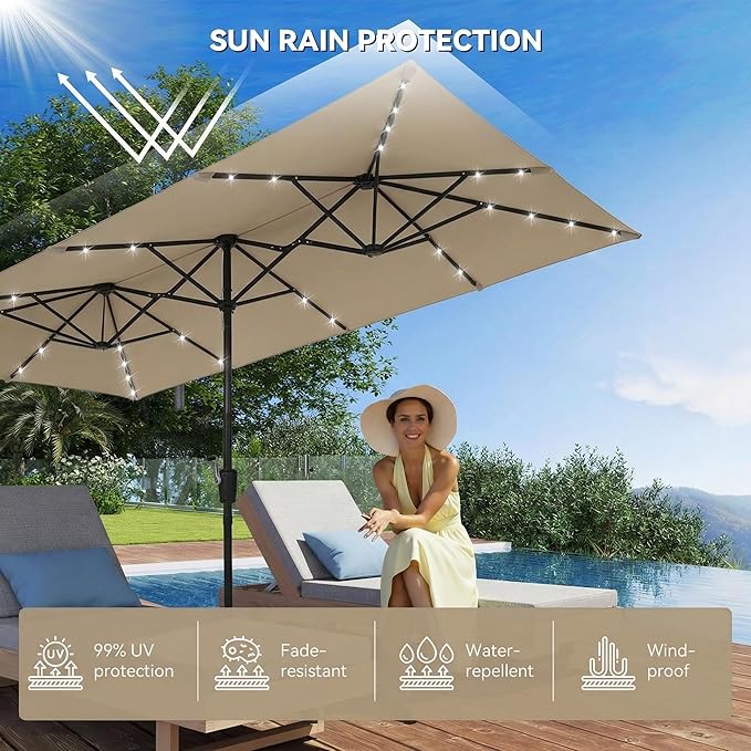 15×15ft Outdoor Patio Umbrella, Double Sided Market Rectangle Umbrella with Crank Handle, Large Sun Shade for Outside Deck, Backyard, Garden