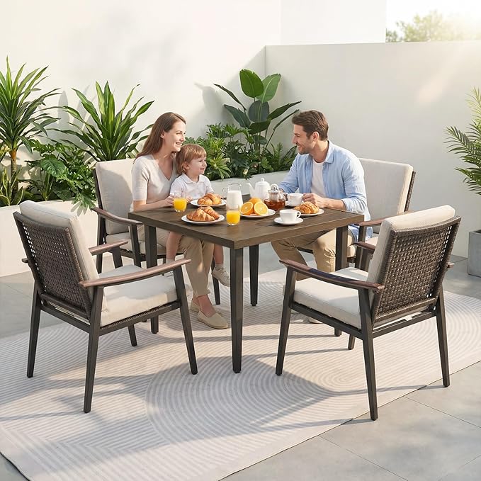 Natural Expressions Outdoor Dining Set,Patio Table and Chairs Set with 4 Wicker Rattan Chairs with Cushion, 5 Piece Patio Dining Set for 4,36.6" Woodgrain Table,1.65" Umbrella Hole,Patio Sets for Yard
