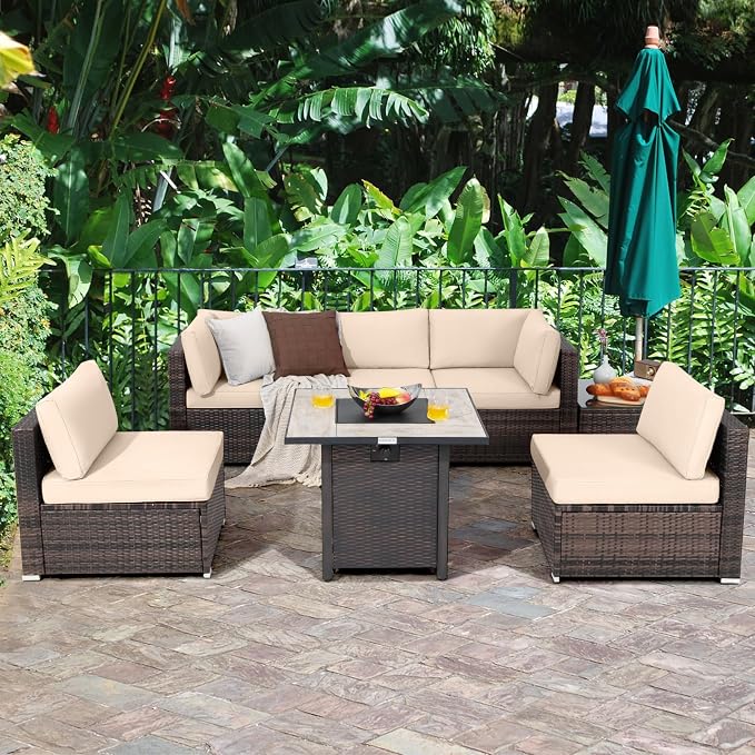 Tangkula 7 Piece Patio Furniture Set with Fire Pit Table, Patiojoy Outdoor PE Wicker Conversation Sectional Sofa Set with 30 Inches 50,000 BTU Propane Fire Pit Table, Waterproof PVC Cover (Brown)