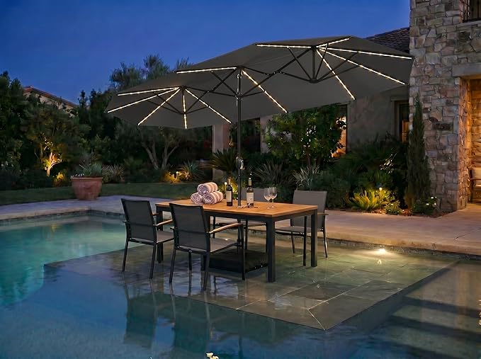 PURPLE LEAF 13ft Patio Market Umbrella with Solar LED and Base Double-Sided Rectangle Outdoor Table Sun Umbrellas with Crank for Pool Beach Deck Backyard Light Gray