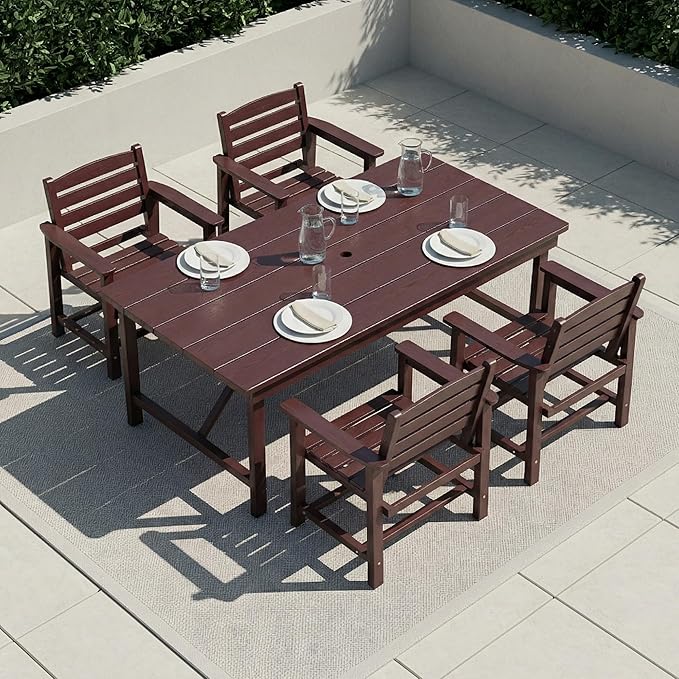 Outdoor HDPE Dining Set 5 Pieces, Patio Table with Umbrella Hole and 4 Chairs, All Weather Patio Furniture for Lawn, Garden, Backyard, Deck, Poolside, Outdoor Dining Table and Chairs, Coffee
