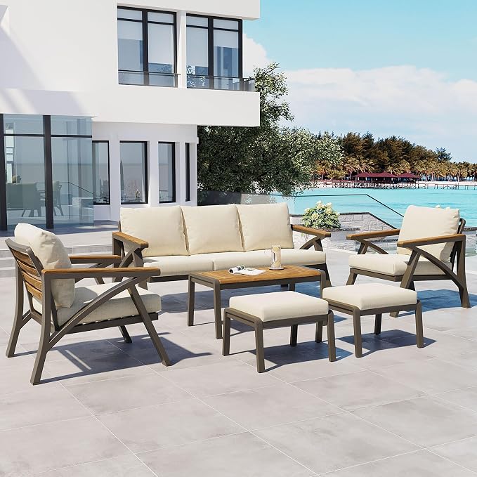 6-Piece Outdoor Patio Furniture Set,Steel Frame Sofa Set with 3-Seat Couch, 2 Armchairs,2 Ottomans & Acacia Wood Coffee Table, Cushioned Seating for Backyard, Garden,Poolside (Cream Beige#56)