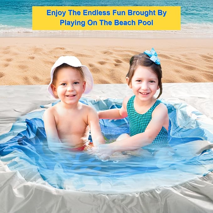 6.5 X 6.5Ft Baby Beach Pool, 2 in 1 Square Portable Cartoon Ocean Theme Toddler Beach Puddle, Waterproof Sandproof Cute Toddler Paddling Pool Beach Blanket with Carrying Bag for Boys Girls