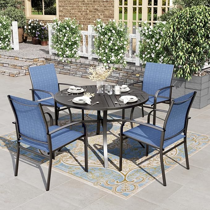 HERA'S HOUSE 5 Pieces Patio Table and Chairs Set, Outdoor Dining Furniture for 4, 42" Black Metal Round Dining Table with Umbrella Hole, 4 x Blue Textilene Chairs for Lawn Garden Backyard Deck