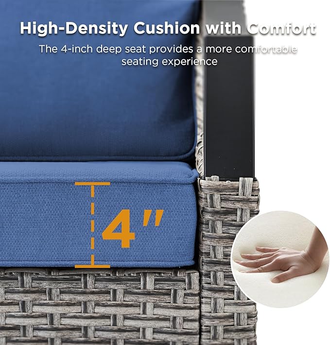 12 Piece Wicker Patio Furniture Sets-High Back Wicker Swivel Rocker Patio Chairs Set of 4 with Thick Cushions Ottomans, Outdoor Sofa, Patio Conversation Sets for Porch Balcony Patio Deck Grey/Blue