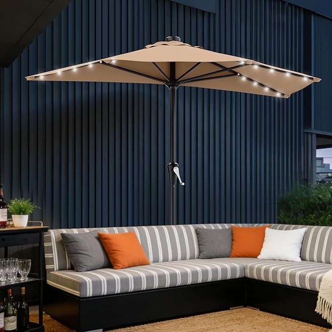 AreShark 9ft Patio Half Umbrellas with Solar Lights, 1/2 LED Half Outdoor Umbrella w/ 20 LED Lights, Lighted Table Wall Umbrella with Crank & 5 Sturdy Ribs for Market, Pool, Deck, Lawn and Garden, Beige