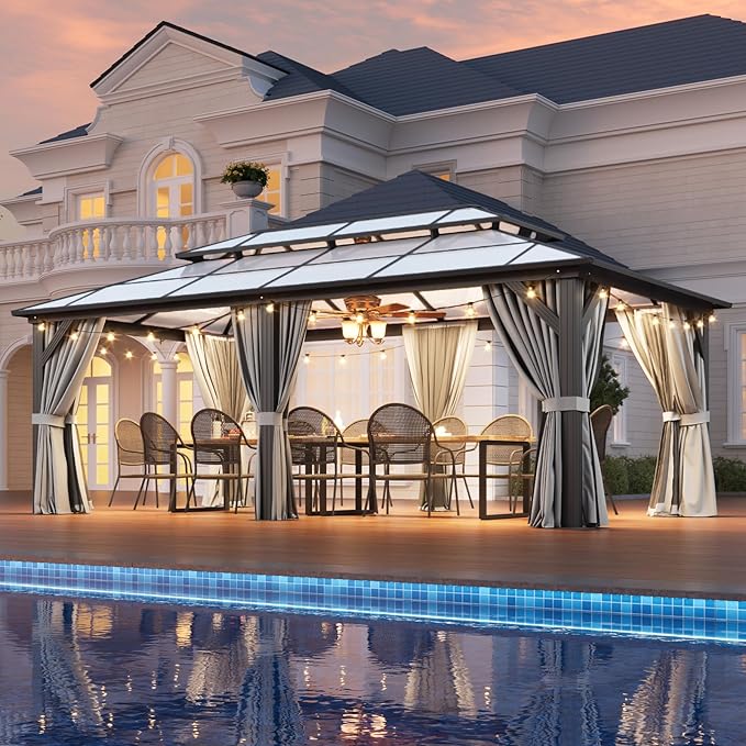Aoxun 12'x20' Hardtop Gazebo, Outdoor Metal Gazebo with Double Polycarbonate Roof Canopy, Permanent Pavilion with Netting and Curtains for Lawn, Garden, Patio (Gray)