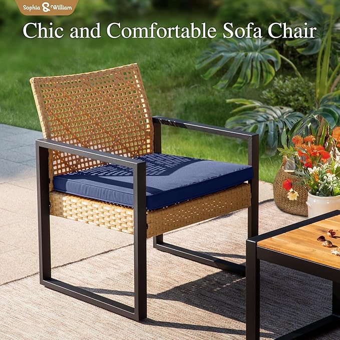 Sophia & William 4 Pieces Patio Conversation Set, Wicker Outdoor Furniture Set for 4, All Weather Outdoor Seating Set, Rattan Loveseat & Chairs with Cushions & Coffee Table, Yellow and Navy Blue